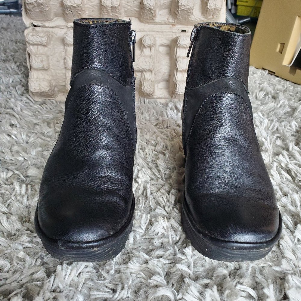Fly London Yago black leather wedge boots, size 37